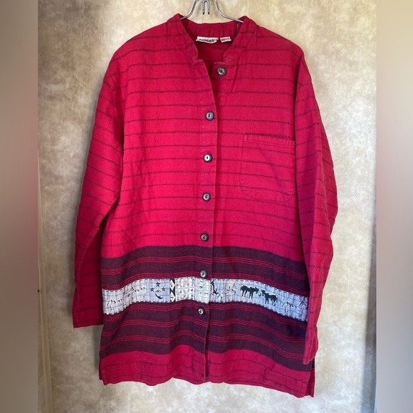 VTG 90s Chicos Design Red Black Striped Cotton Button Front Casual Long Shirt - Picture 1 of 6